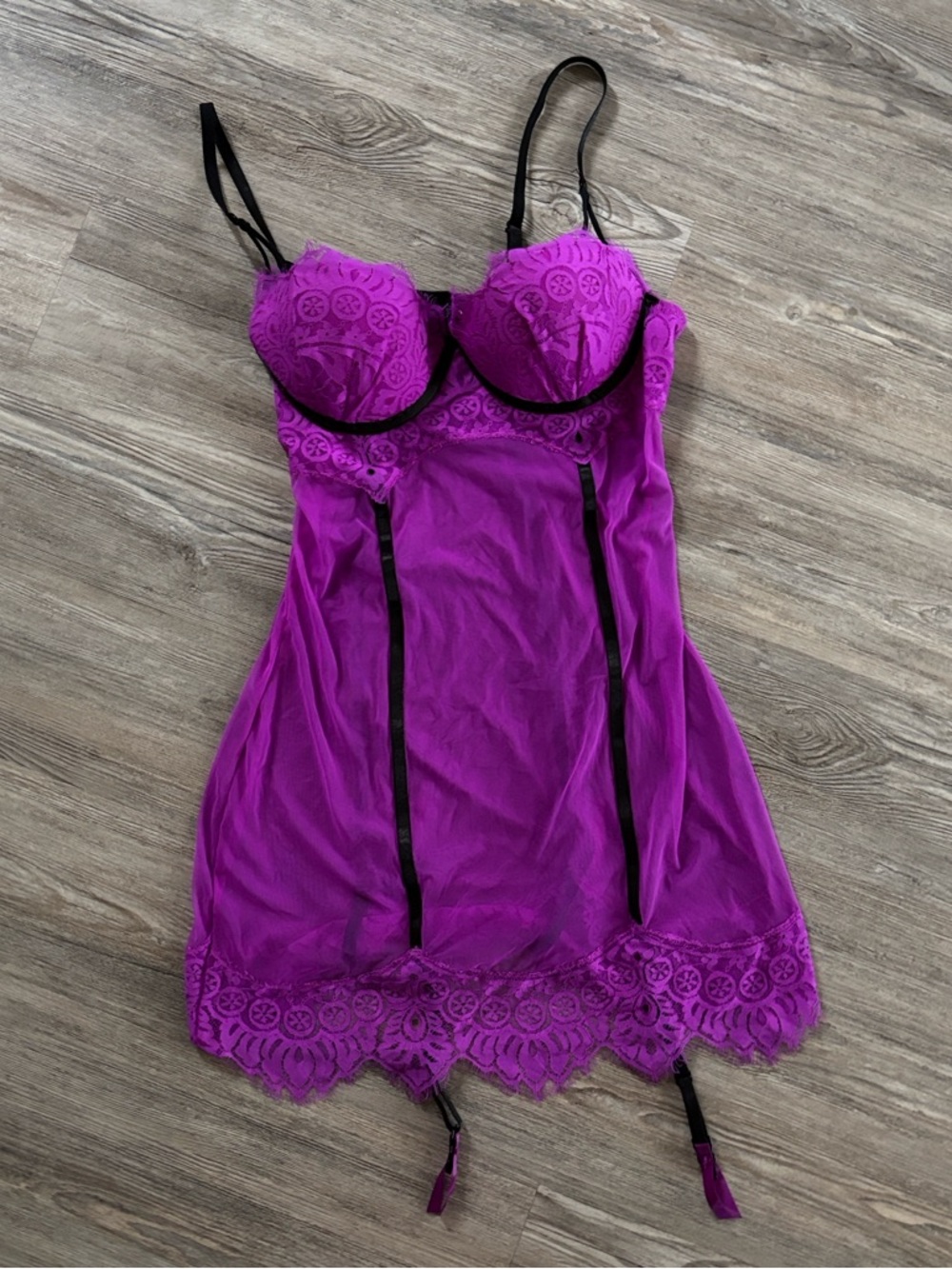 Frederick's of Hollywood Magenta Lace Bustier Chemise with Black Accents